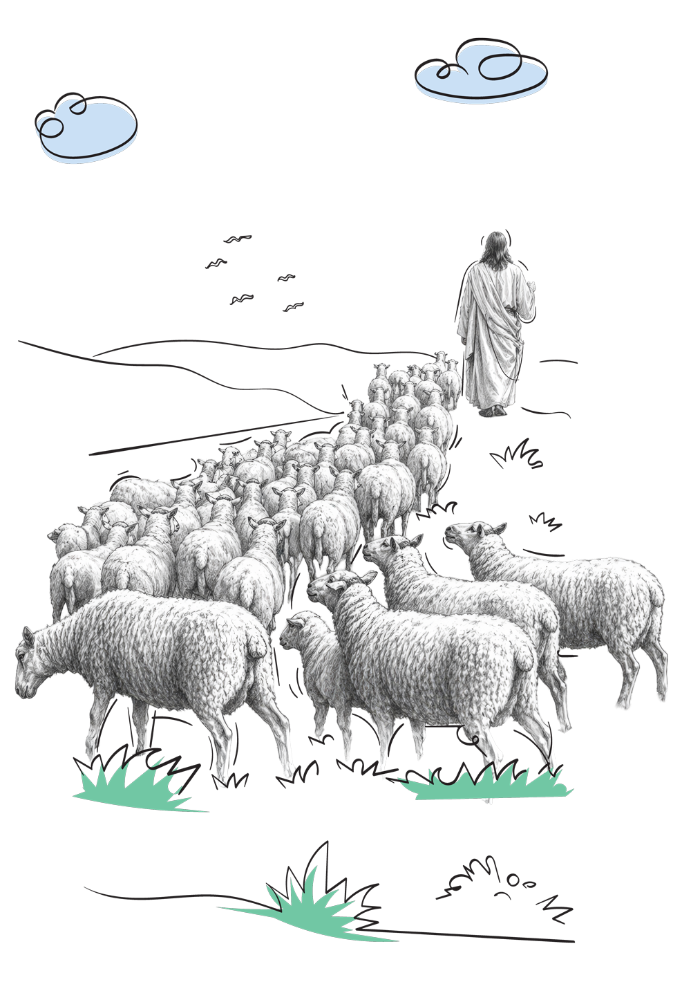 Jesus leading a flock of sheep